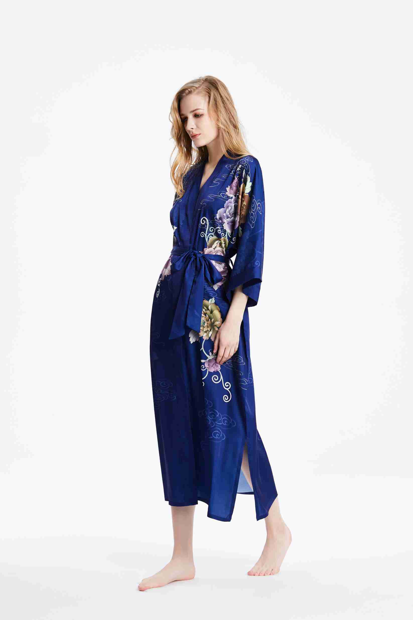 Best Ladies Full night Authentic Silk Blue Kimono Robe gown with Custom Floral Print Factory Wholesale