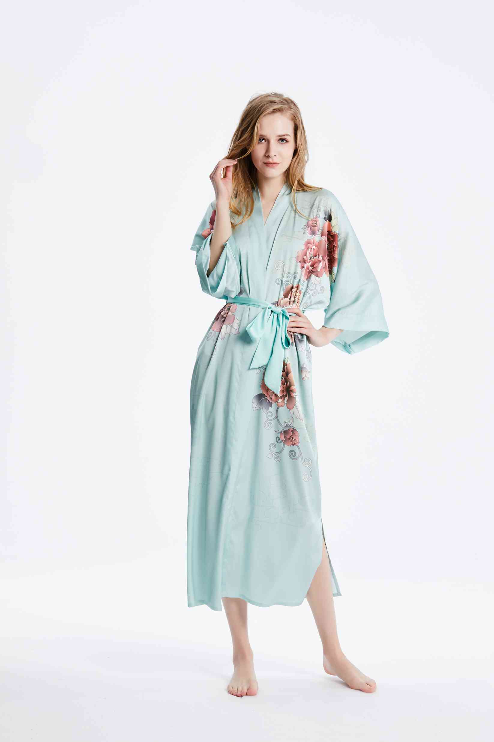 Best Ladies Long 100 Silk Green Kimono Robe Nightgown Floral Print Factory Wholesale
