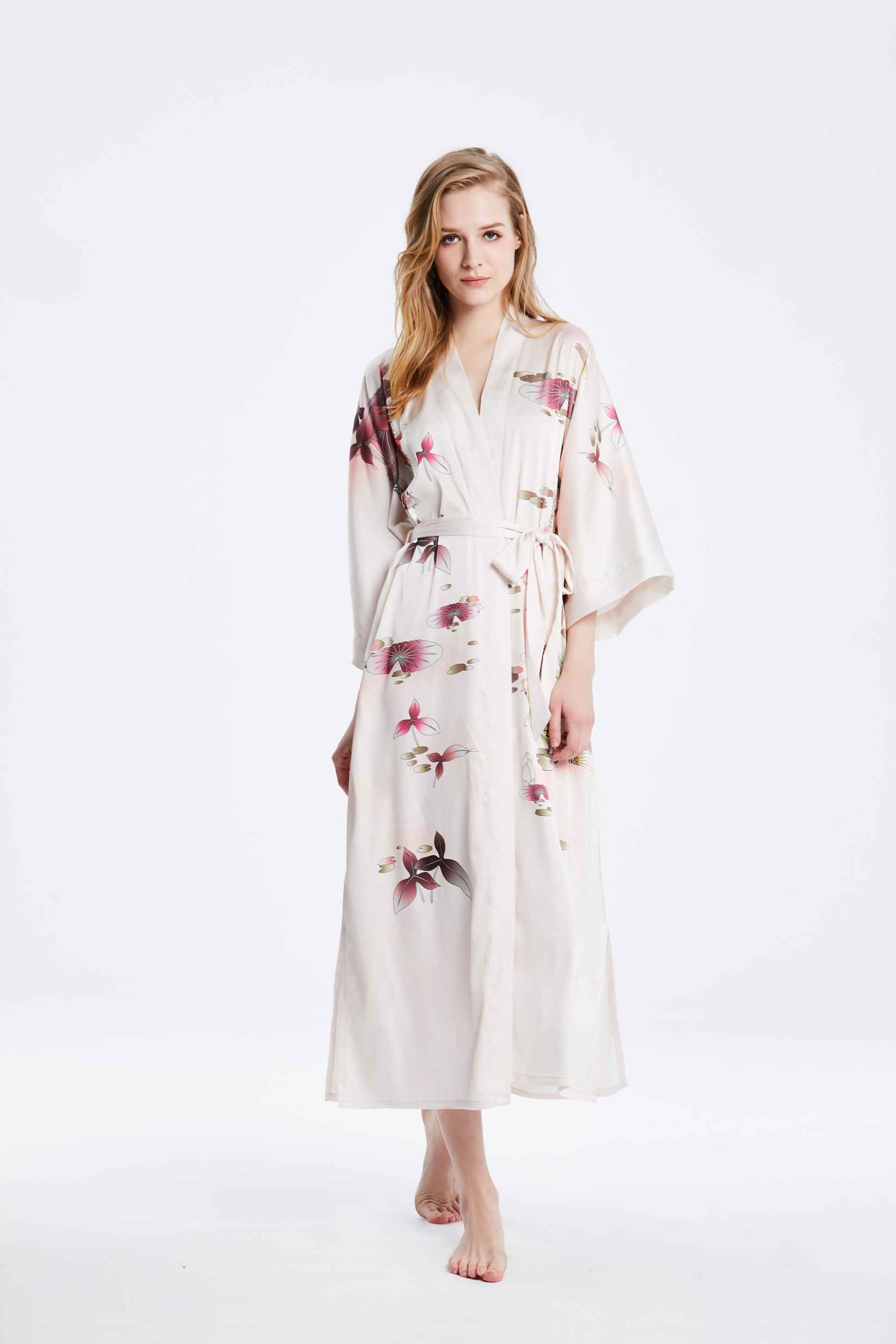 Best Ladies Long Luxury Mulberry Silk Pink Printed Kimono Robe Nightgown with V neck Factory Wholesale