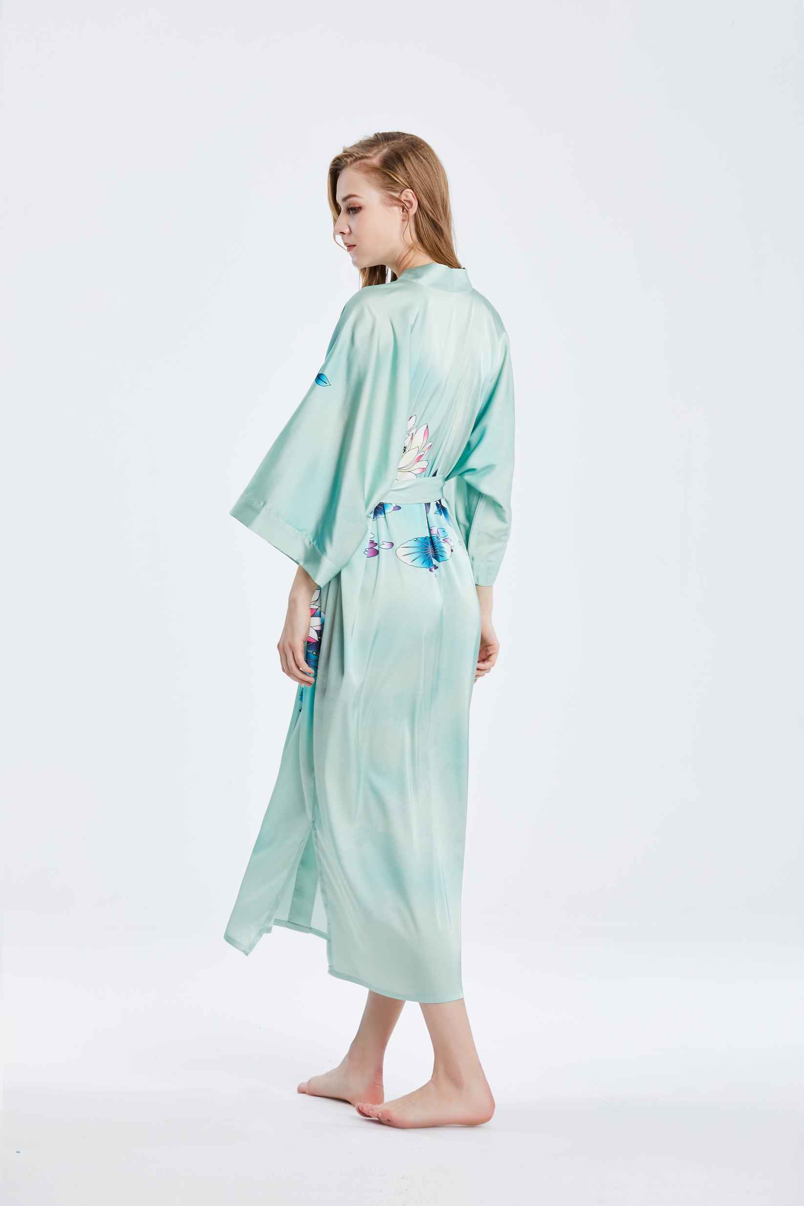 Best Ladies Real Silk Green Kimono Robe Nightgown Loungewear with Print Factory Wholesale