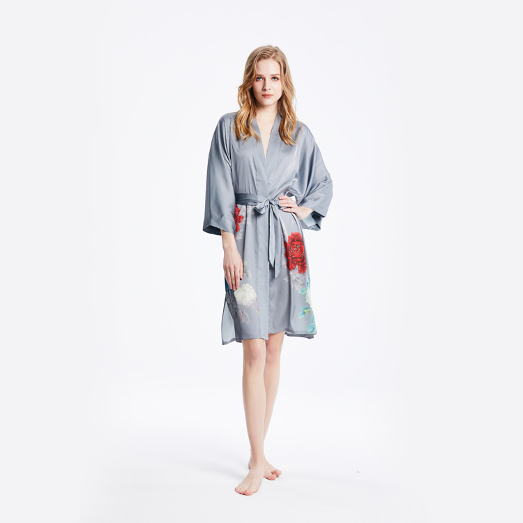 Womens Short Satin Silk Gray Printed Kimono Spa Robe Nighty Set Factory Wholesale