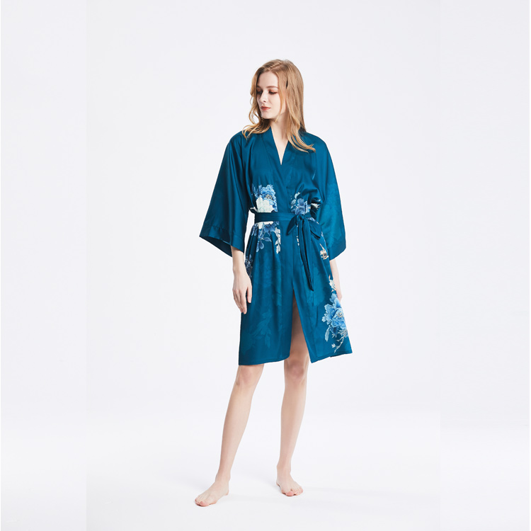 Best Ladies Short Washable Silk Green Kimono Bathrobe Nightgown with Print Factory Wholesale