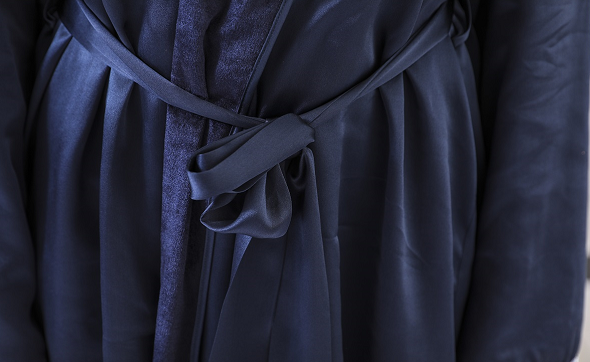Custom Logo Navy Blue Long Knee Length Sleeves Kimono Robe Dress Sleepwear 