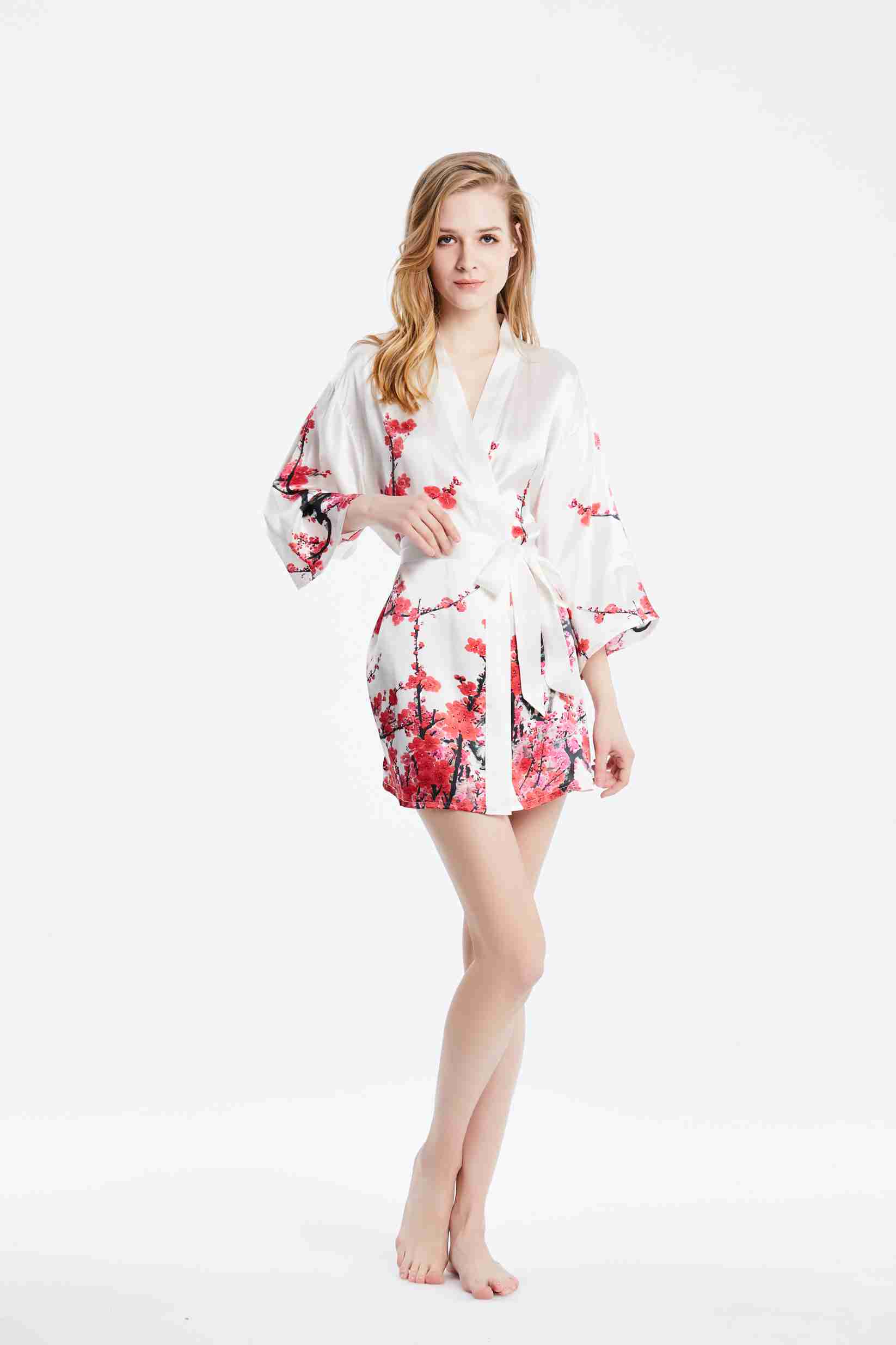 Women's Short Washable Silk White Bridal Kimono Robe Nightgown with Print Factory Wholesale