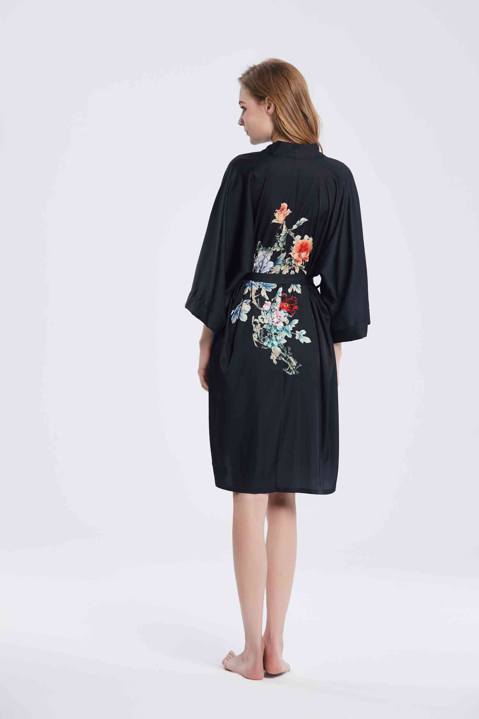 Womens Short Luxury Silk Black Japanese Kimono Robe Nightgown with Floral Print Bulk buy Wholesale
