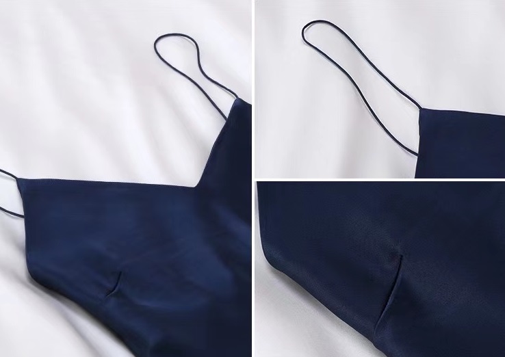 OEM Custom Made Backless Silk Slip Dress in Navy Blue for Womens with Slit Design