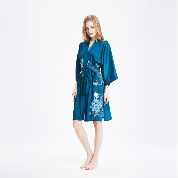 Best Ladies Short Washable Silk Green Kimono Bathrobe Nightgown with Print Factory Wholesale