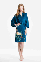 Best Ladies Washable Satin Silk Floral Print Kimono Short Bathrobe Nightgown with 3/4 sleeve in Navy Bulk buy Wholesale