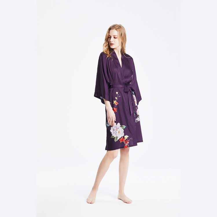 Best Ladies Short Washable Silk Purple Kimono Robe Nightgown with Floral Print Factory Wholesale