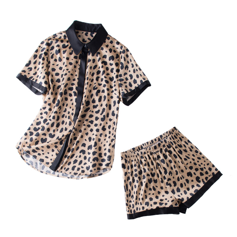 Wholesale Pure Mulberry Silk Shorts Pajama Set in Leopard Pattern for Ladies