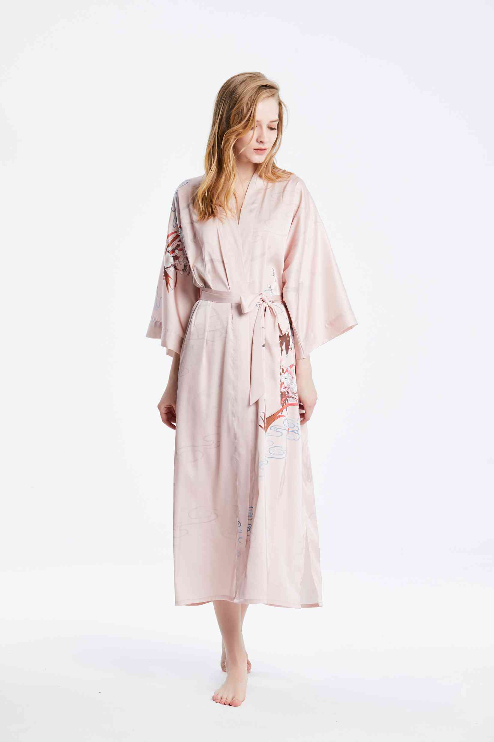 Women's Long 100 Silk Pink Kimono Robe Nightgown Custom Printed Factory Wholesale