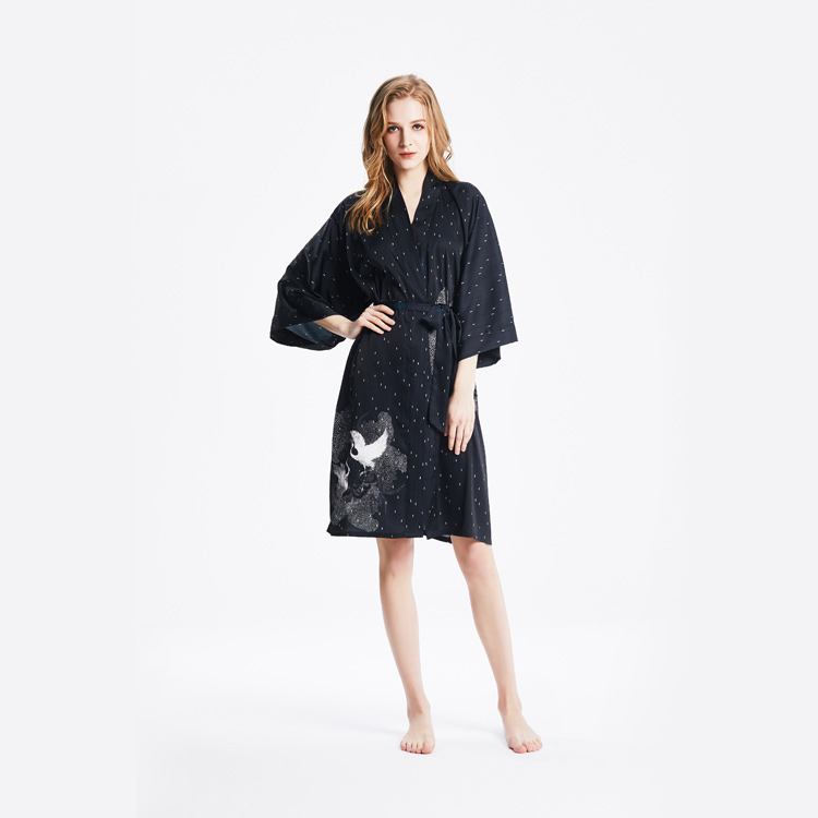 Womens Short Satin Silk Printed Black Kimono Robe Nightgown with 3/4sleeve Bulk buy Wholesale
